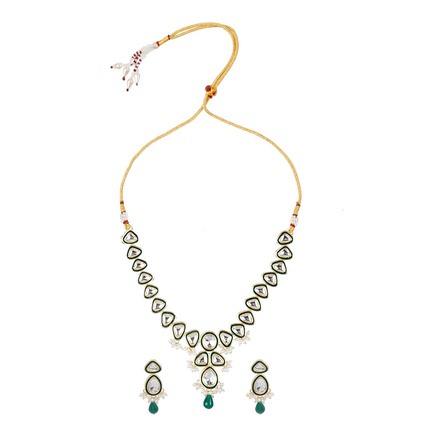 Gold Plated Traditional Indian Pure Copper Kundan, Pearls and CZ studded Adjustable Dori Necklace Earrings Set For Women (SJN_215_G)