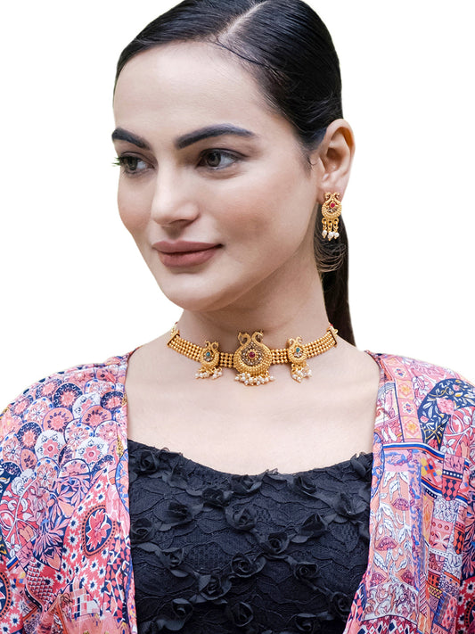 Antique Gold Plated Temple Jewellery Necklace with Matching Earring Jewellry/Jewelry For Women (SJN_230)