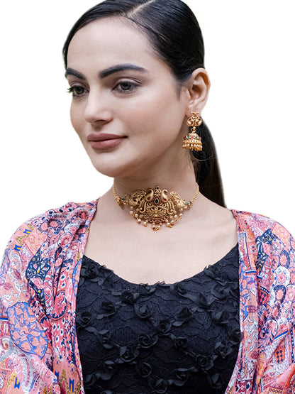 Gold Plated Traditional Indian Kundan, CZ, Studded Temple, Haram Jewellery Choker Necklace with Matching Earring Jewellery/Jewelry Set For Women (SJN_232)