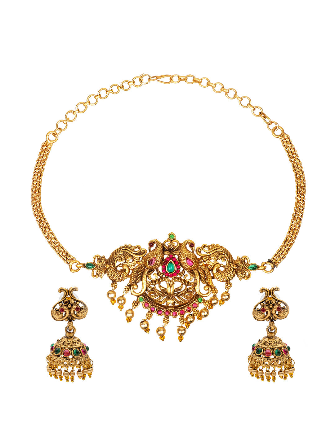 Gold Plated Traditional Indian Kundan, CZ, Studded Temple, Haram Jewellery Choker Necklace with Matching Earring Jewellery/Jewelry Set For Women (SJN_232)