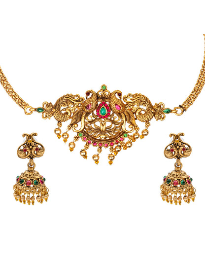Gold Plated Traditional Indian Kundan, CZ, Studded Temple, Haram Jewellery Choker Necklace with Matching Earring Jewellery/Jewelry Set For Women (SJN_232)
