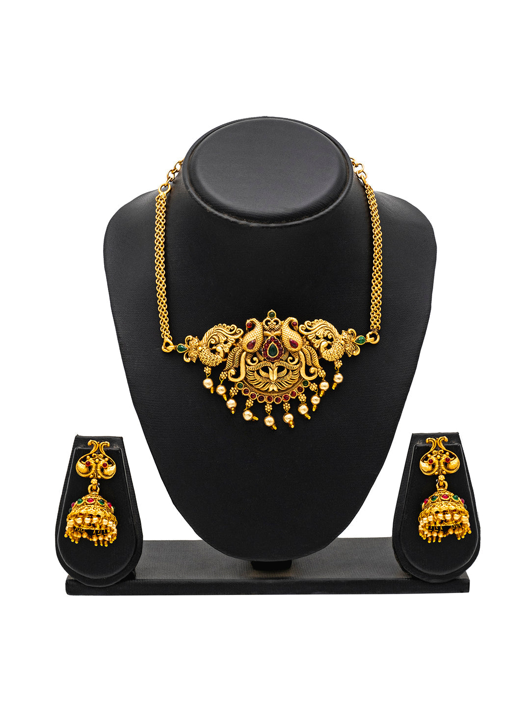 Gold Plated Traditional Indian Kundan, CZ, Studded Temple, Haram Jewellery Choker Necklace with Matching Earring Jewellery/Jewelry Set For Women (SJN_232)