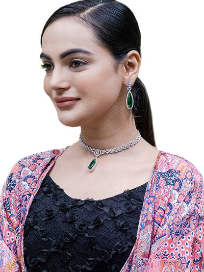 Silver Plated Green Stones Neklace Set with Matching Earrings for Women (SJN_233_G)