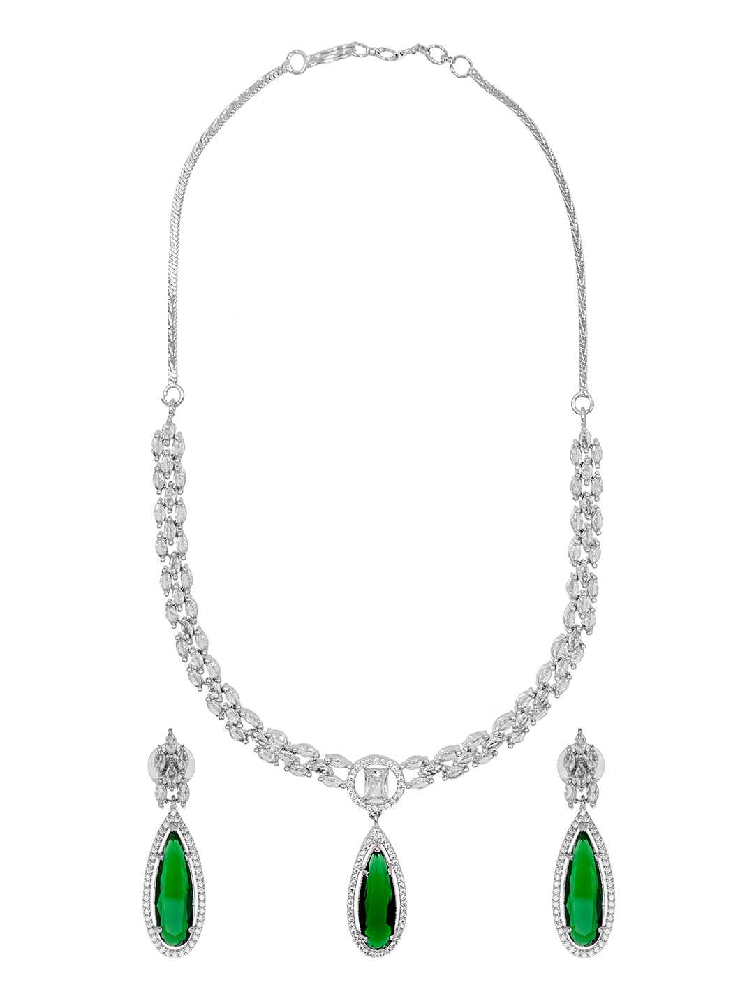 Silver Plated Green Stones Neklace Set with Matching Earrings for Women (SJN_233_G)