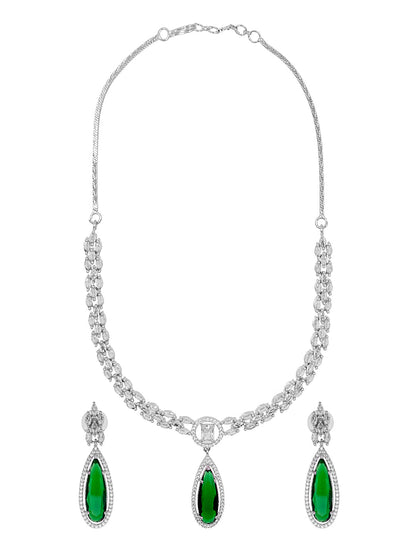 Silver Plated Green Stones Neklace Set with Matching Earrings for Women (SJN_233_G)