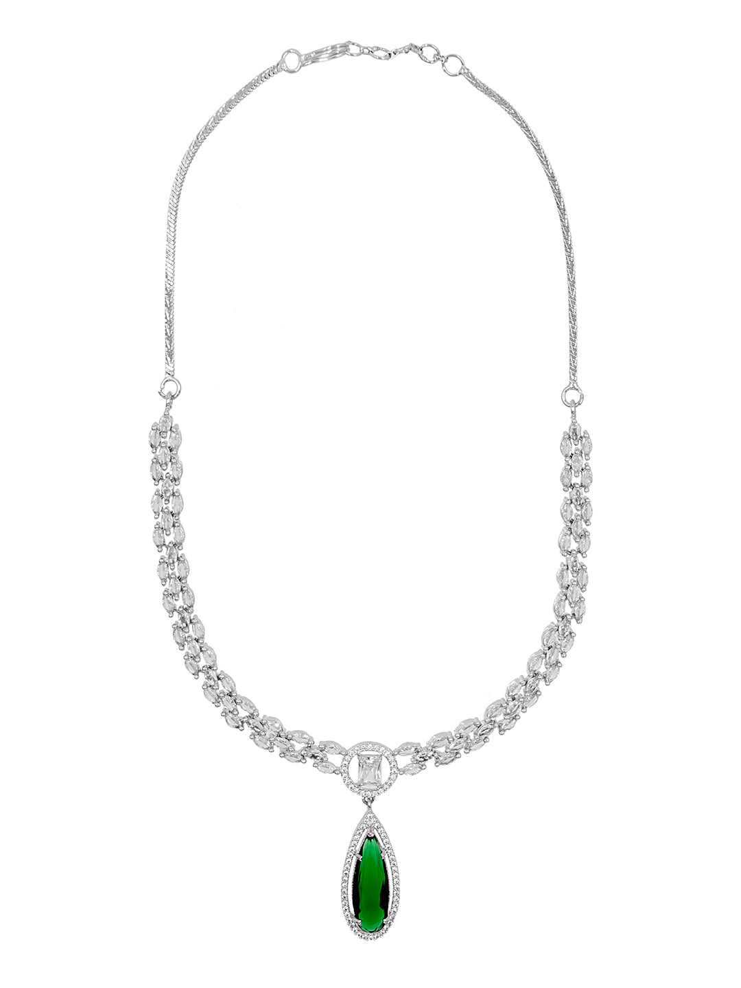 Silver Plated Green Stones Neklace Set with Matching Earrings for Women (SJN_233_G)