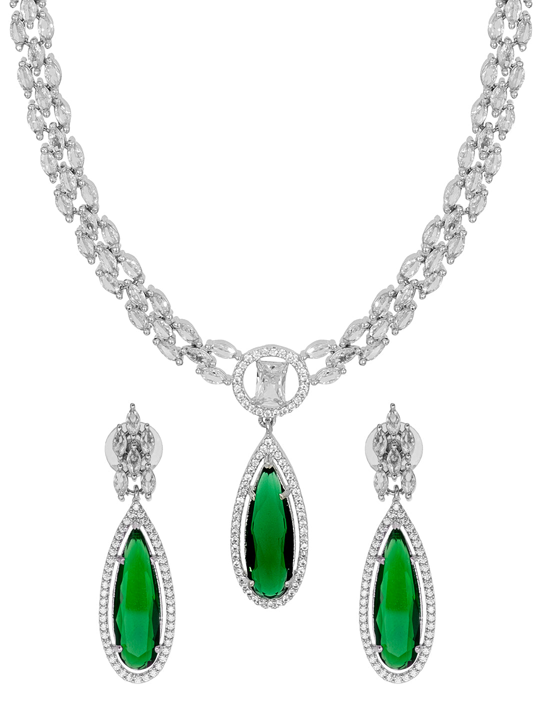 Silver Plated Green Stones Neklace Set with Matching Earrings for Women (SJN_233_G)