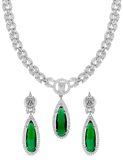 Silver Plated Green Stones Neklace Set with Matching Earrings for Women (SJN_233_G)
