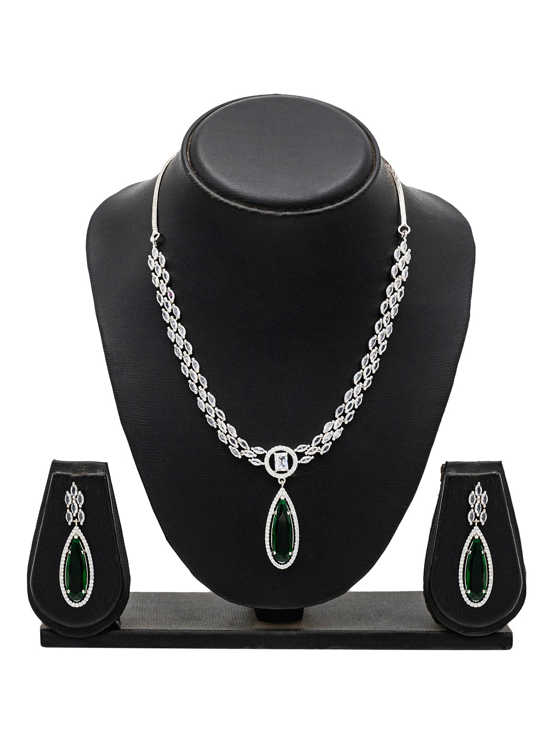 Silver Plated Green Stones Neklace Set with Matching Earrings for Women (SJN_233_G)