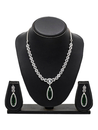 Silver Plated Green Stones Neklace Set with Matching Earrings for Women (SJN_233_G)