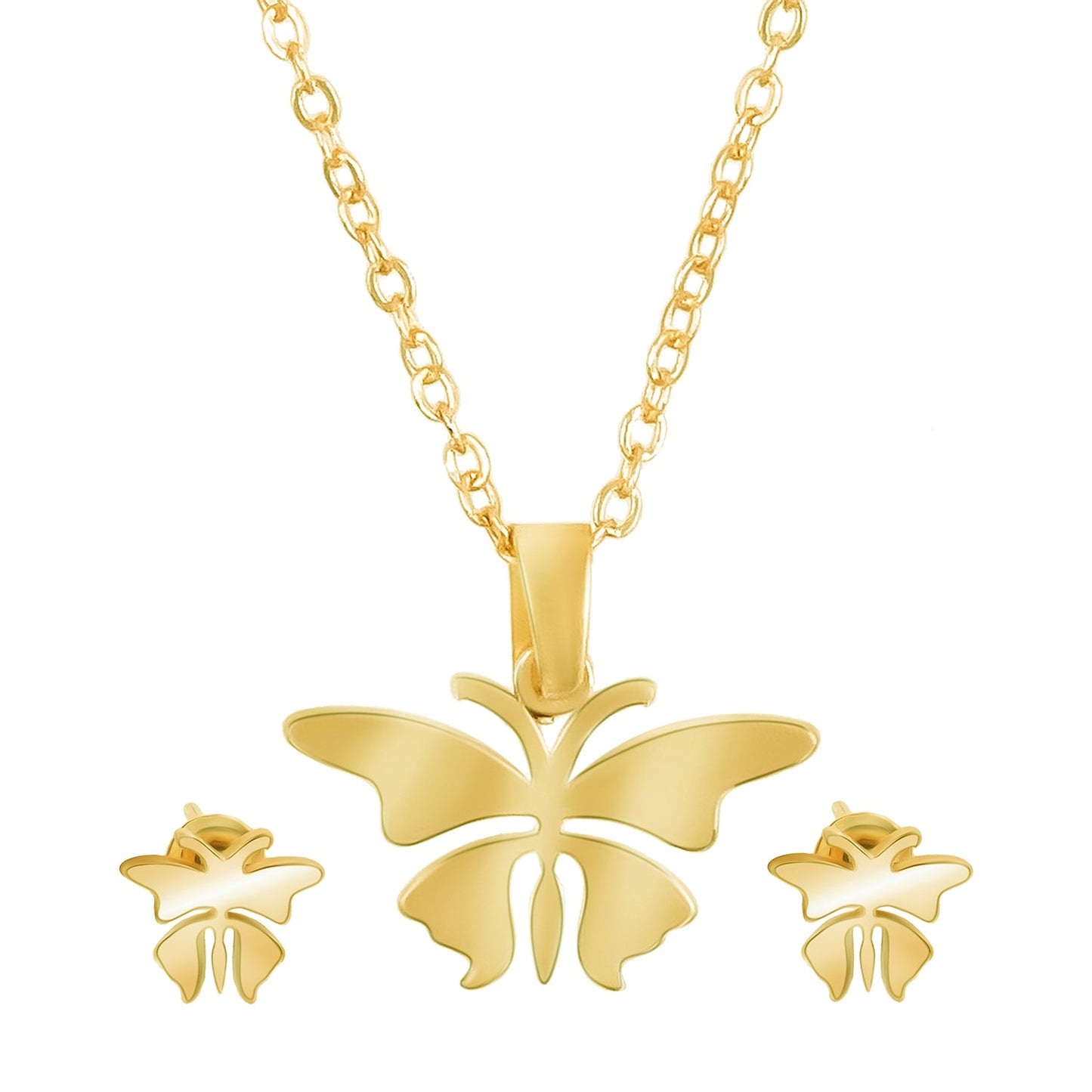 Gold Plated Stainless Steel Butterfly Pendant Locket Necklace Set For Women With Matching Earrings (SJN_244_G)