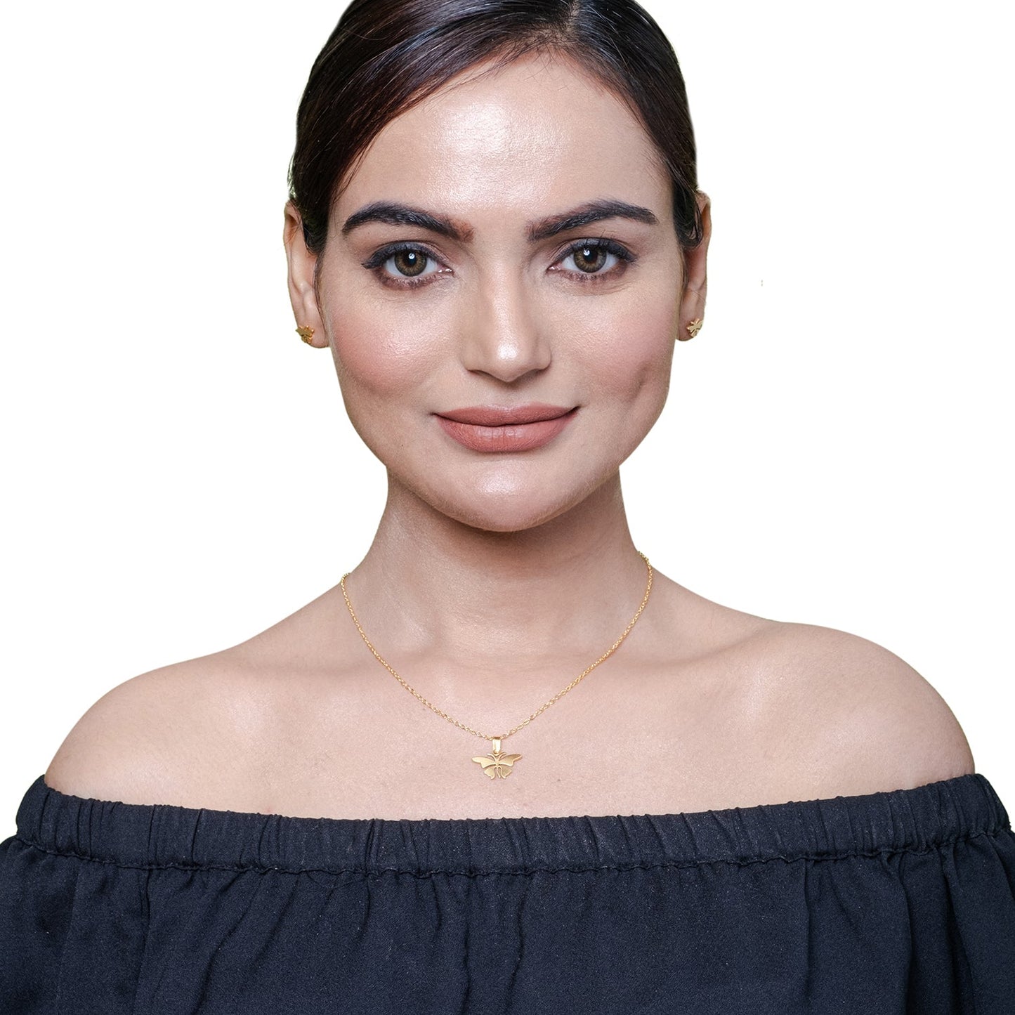 Gold Plated Stainless Steel Butterfly Pendant Locket Necklace Set For Women With Matching Earrings (SJN_244_G)