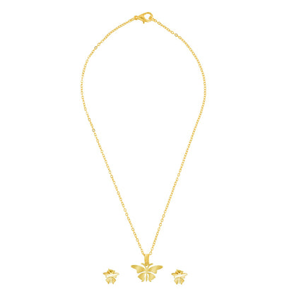 Gold Plated Stainless Steel Butterfly Pendant Locket Necklace Set For Women With Matching Earrings (SJN_244_G)