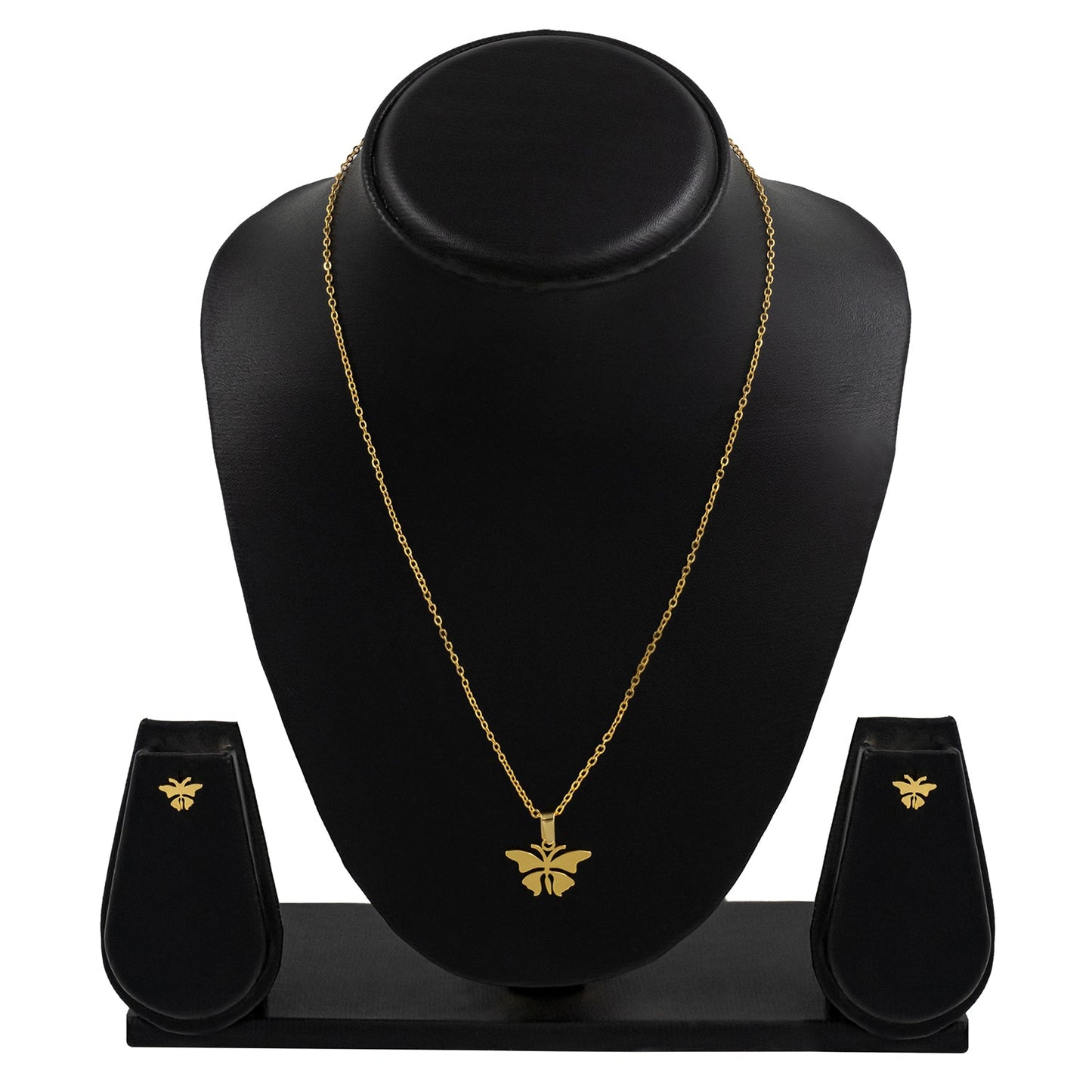 Gold Plated Stainless Steel Butterfly Pendant Locket Necklace Set For Women With Matching Earrings (SJN_244_G)