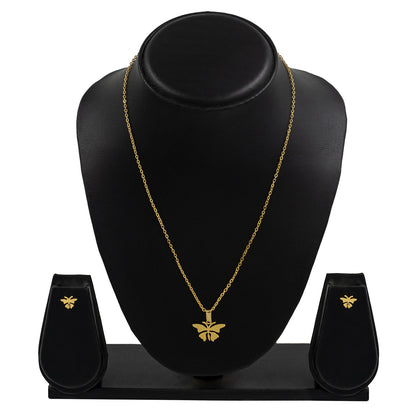 Gold Plated Stainless Steel Butterfly Pendant Locket Necklace Set For Women With Matching Earrings (SJN_244_G)