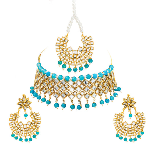 Shining Jewel Gold Plated Kundan Pearl Choker Bridal Necklace Combo Jewellery Set with Tikka and Earrings for Women (SJN_27_BL)