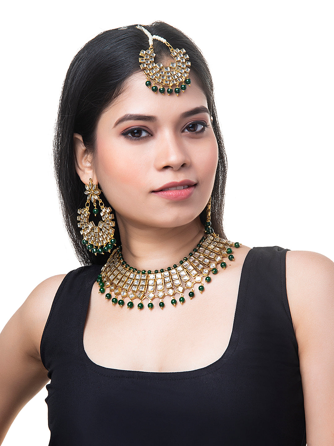 Shining Jewel Gold Plated Kundan Pearl Choker Bridal Necklace Combo Jewellery Set with Tikka and Earrings for Women (SJN_27_G)