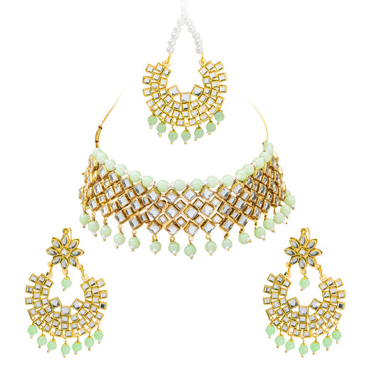 Shining Jewel Gold Plated Kundan Pearl Choker Bridal Necklace Combo Jewellery Set with Tikka and Earrings for Women (SJN_27_LG)