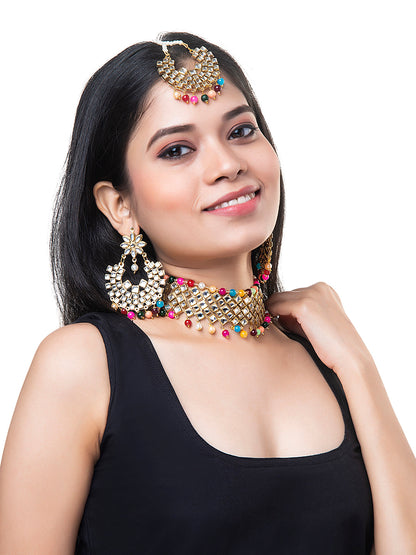 Shining Jewel Gold Plated Kundan Pearl Choker Bridal Necklace Combo Jewellery Set with Tikka and Earrings for Women (SJN_27_M)