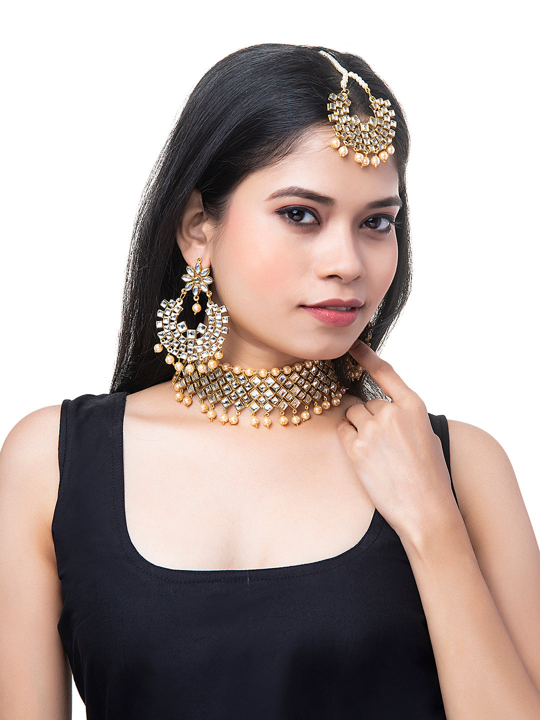 Shining Jewel Gold Plated Kundan Pearl Choker Bridal Necklace Combo Jewellery Set with Tikka and Earrings for Women (SJN_27_W)