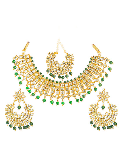 Shining Jewel Gold Plated Kundan Pearl Choker Bridal Necklace Combo Jewellery Set with Tikka and Earrings for Women (SJN_28_G)