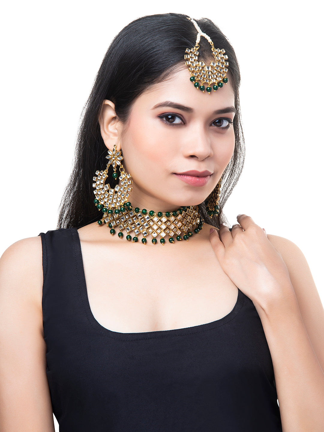 Shining Jewel Gold Plated Kundan Pearl Choker Bridal Necklace Combo Jewellery Set with Tikka and Earrings for Women (SJN_28_G)