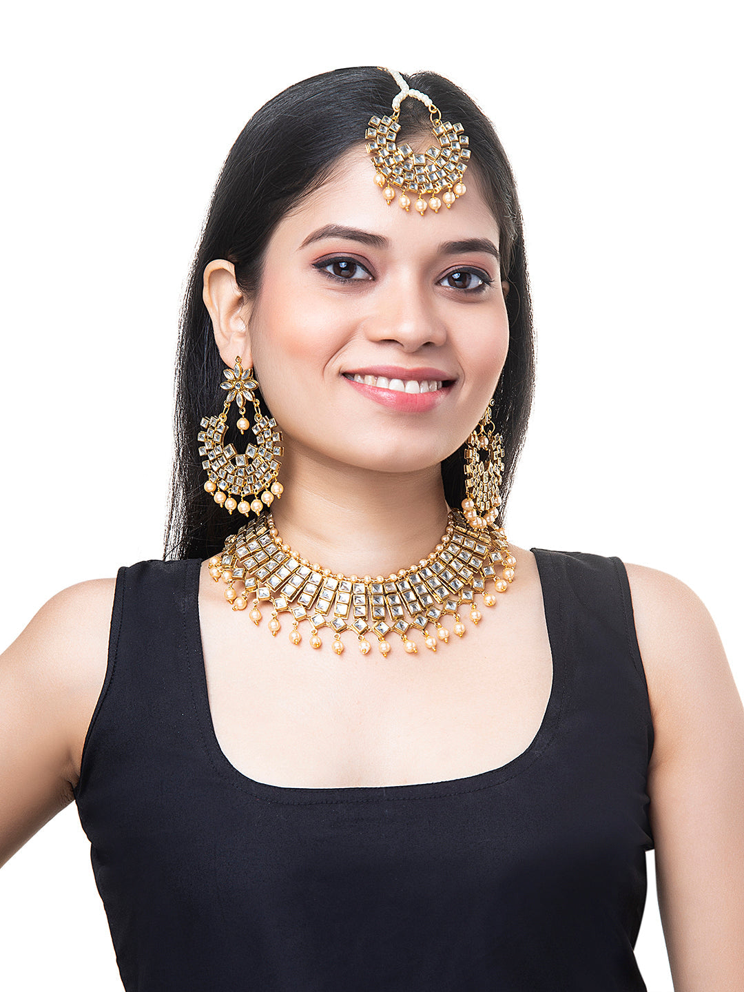 Shining Jewel Gold Plated Kundan Pearl Choker Bridal Necklace Combo Jewellery Set with Tikka and Earrings for Women (SJN_28_LCT)