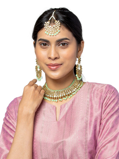 Shining Jewel Gold Plated Kundan Pearl Choker Bridal Necklace Combo Jewellery Set with Tikka and Earrings for Women (SJN_28_LG)
