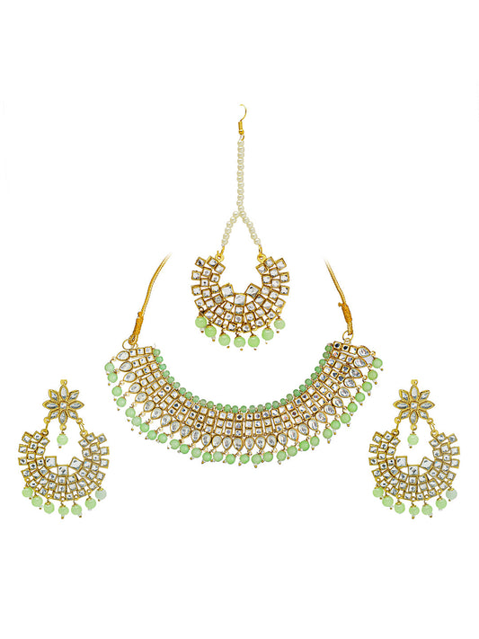 Shining Jewel Gold Plated Kundan Pearl Choker Bridal Necklace Combo Jewellery Set with Tikka and Earrings for Women (SJN_28_LG)