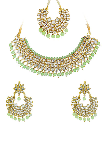 Shining Jewel Gold Plated Kundan Pearl Choker Bridal Necklace Combo Jewellery Set with Tikka and Earrings for Women (SJN_28_LG)