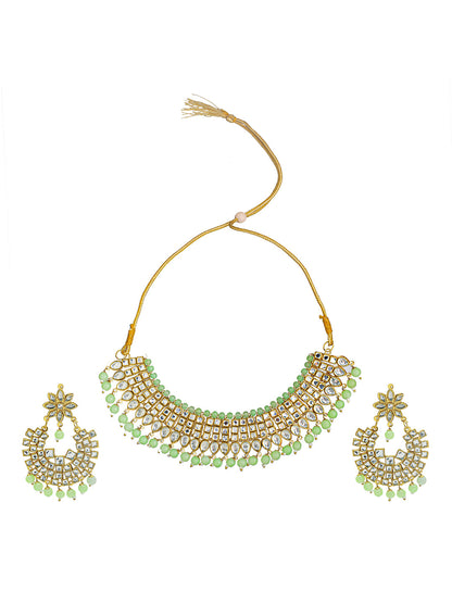 Shining Jewel Gold Plated Kundan Pearl Choker Bridal Necklace Combo Jewellery Set with Tikka and Earrings for Women (SJN_28_LG)