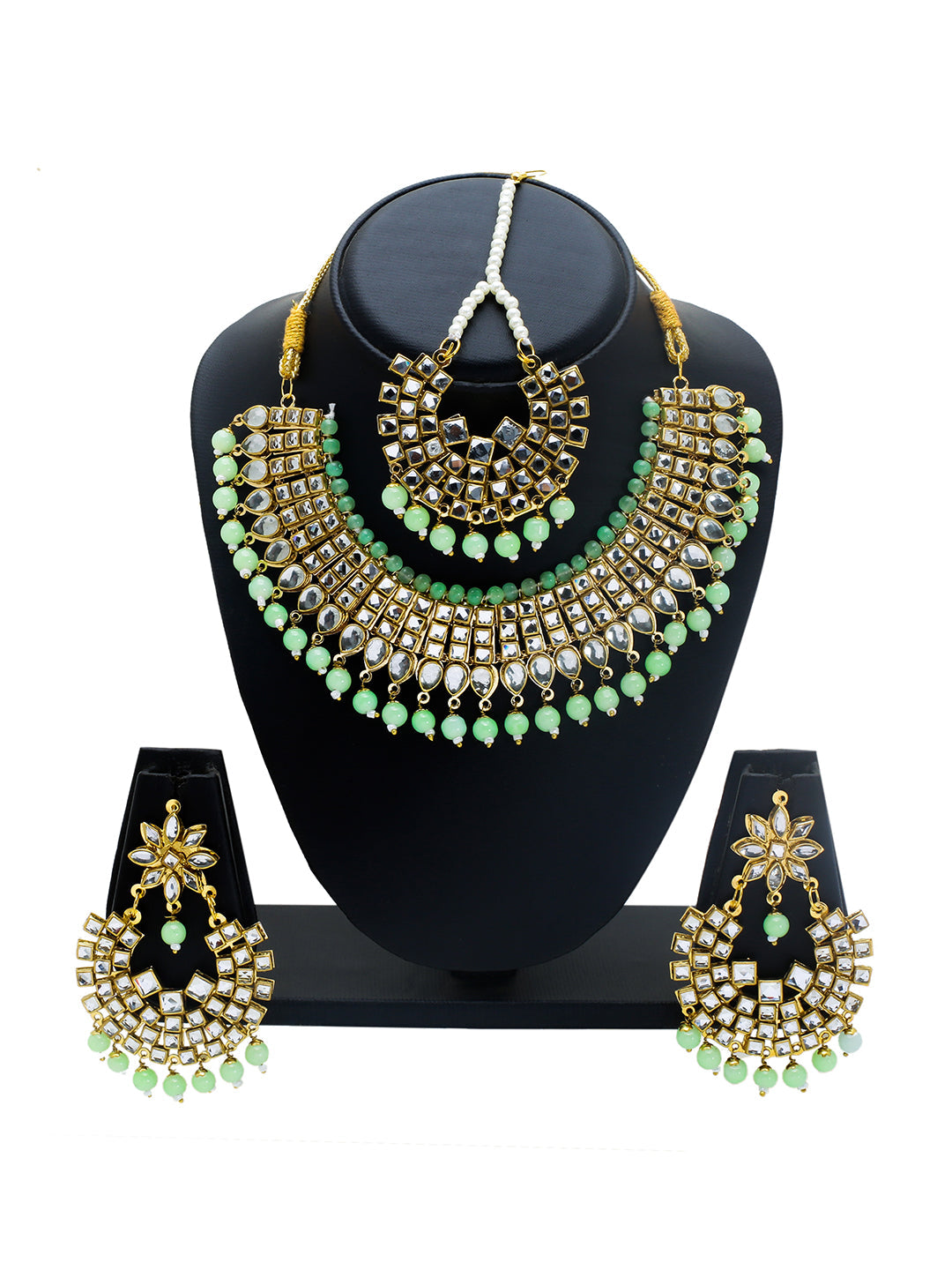 Shining Jewel Gold Plated Kundan Pearl Choker Bridal Necklace Combo Jewellery Set with Tikka and Earrings for Women (SJN_28_LG)