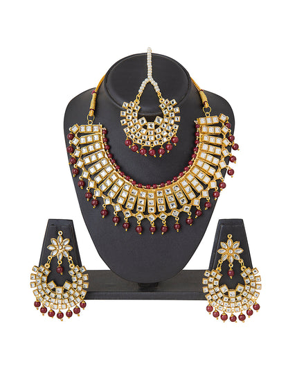 Shining Jewel Gold Plated Kundan Pearl Choker Bridal Necklace Combo Jewellery Set with Tikka and Earrings for Women (SJN_28_M)