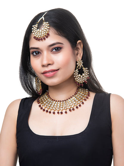 Shining Jewel Gold Plated Kundan Pearl Choker Bridal Necklace Combo Jewellery Set with Tikka and Earrings for Women (SJN_28_M)