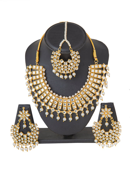 Shining Jewel Gold Plated Kundan Pearl Choker Bridal Necklace Combo Jewellery Set with Tikka and Earrings for Women (SJN_28_W)