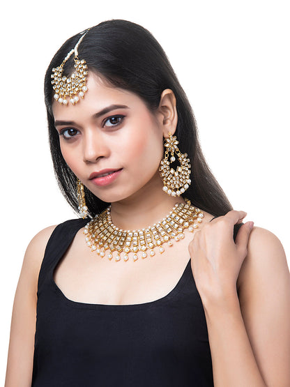 Shining Jewel Gold Plated Kundan Pearl Choker Bridal Necklace Combo Jewellery Set with Tikka and Earrings for Women (SJN_28_W)