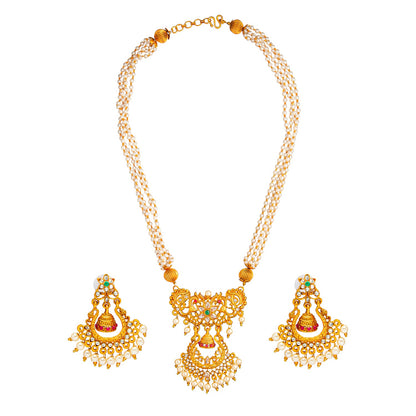 Shining Jewel Handcrafted Antique Gold Plated Godess Jewellery Pearl Necklace With Matching Earring For Women (SJN_29)