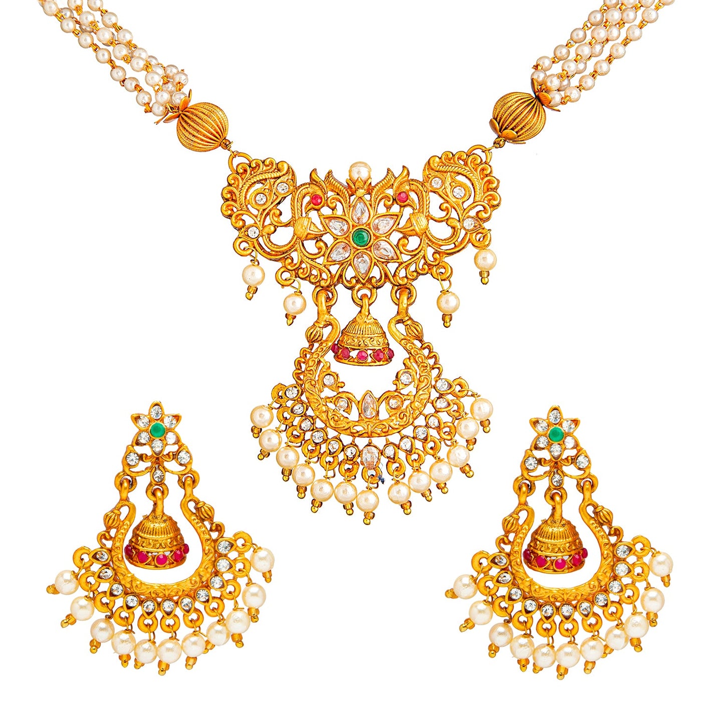 Shining Jewel Handcrafted Antique Gold Plated Godess Jewellery Pearl Necklace With Matching Earring For Women (SJN_29)