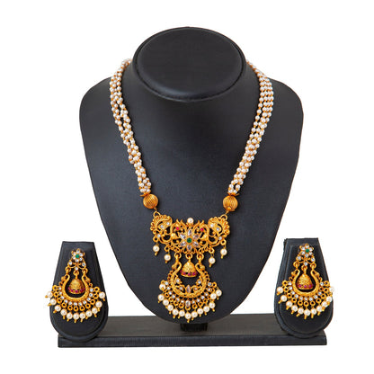 Shining Jewel Handcrafted Antique Gold Plated Godess Jewellery Pearl Necklace With Matching Earring For Women (SJN_29)