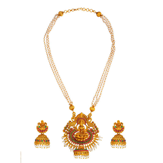 Shining Jewel Handcrafted Antique Gold Plated Godess Lakshmi Temple Jewellery Pearl Necklace With Matching Earring For Women (SJN_31)