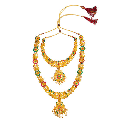 Shining Jewel Handcrafted Antique Gold Plated Temple Jewellery Combo Bridal Dulhan Necklace Set With Matching Earring For Women (SJN_32)