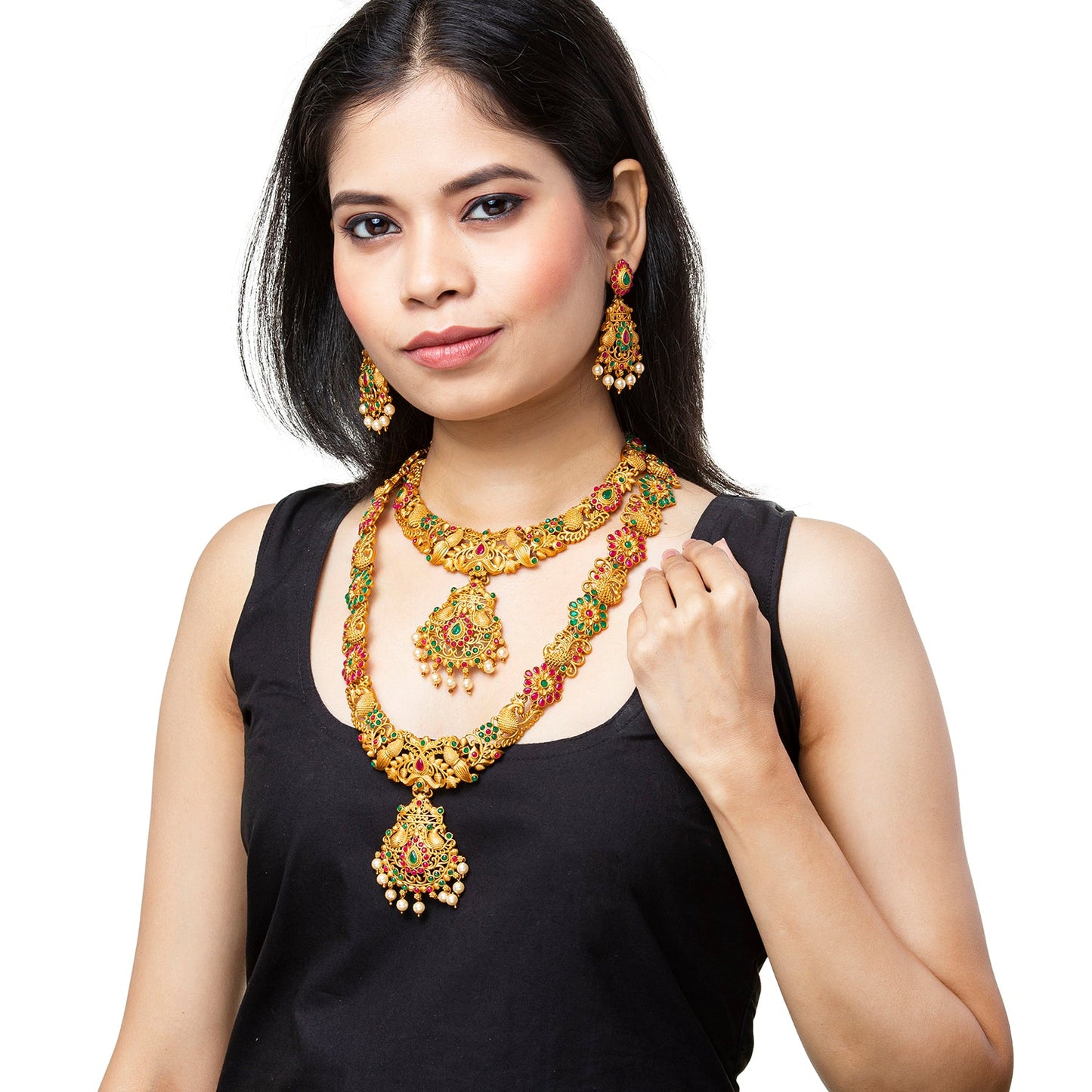 Shining Jewel Handcrafted Antique Gold Plated Temple Jewellery Combo Bridal Dulhan Necklace Set With Matching Earring For Women (SJN_32)