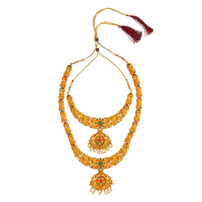 Shining Jewel Handcrafted Antique Gold Plated Temple Jewellery Combo Bridal Dulhan Necklace Set With Matching Earring For Women (SJN_33)