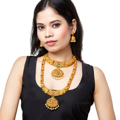 Shining Jewel Handcrafted Antique Gold Plated Temple Jewellery Combo Bridal Dulhan Necklace Set With Matching Earring For Women (SJN_33)