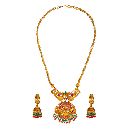 Shining Jewel Handcrafted Antique Gold Plated Godess Lakshmi Temple Jewellery Necklace With Matching Jhumka Earring For Women (SJN_34)