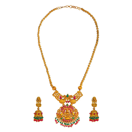 Shining Jewel Handcrafted Antique Gold Plated Godess Lakshmi Temple Jewellery Necklace With Matching Jhumka Earring For Women (SJN_34)