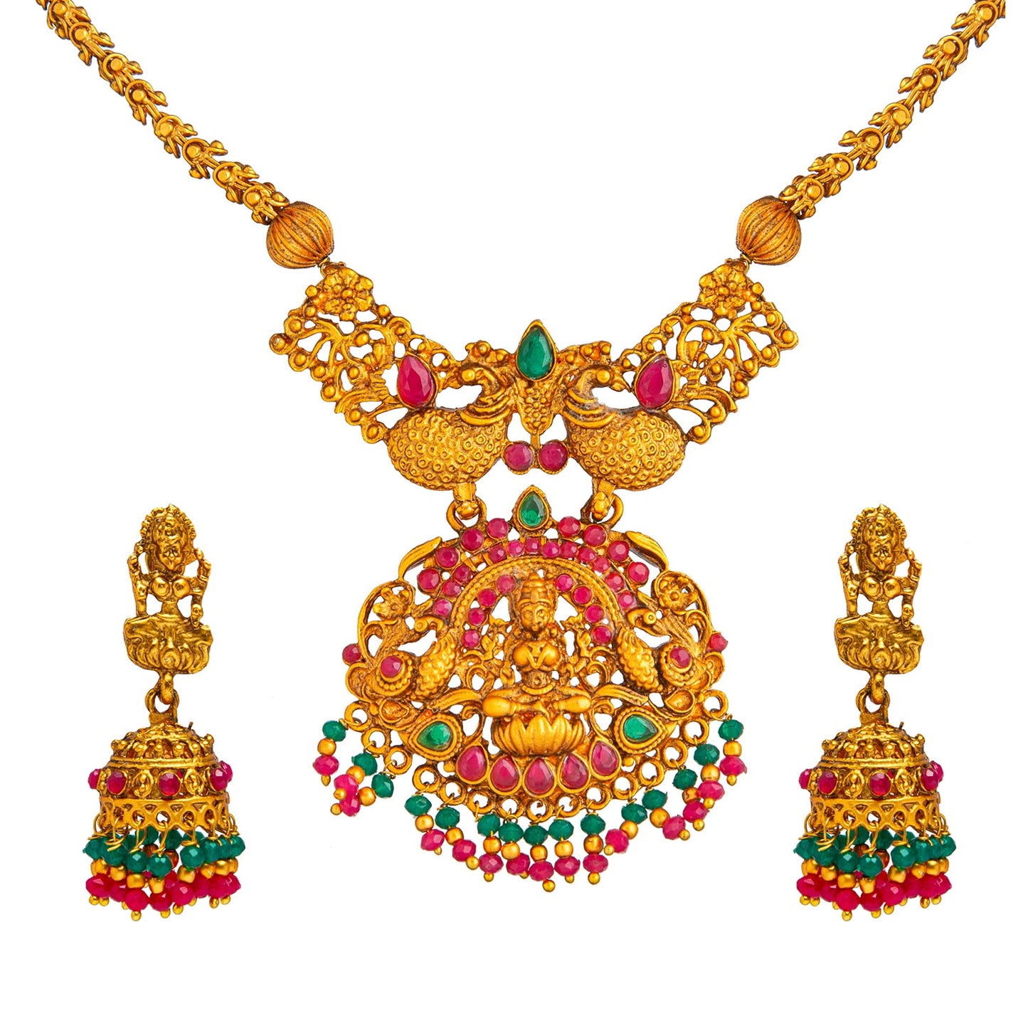 Shining Jewel Handcrafted Antique Gold Plated Godess Lakshmi Temple Jewellery Necklace With Matching Jhumka Earring For Women (SJN_34)