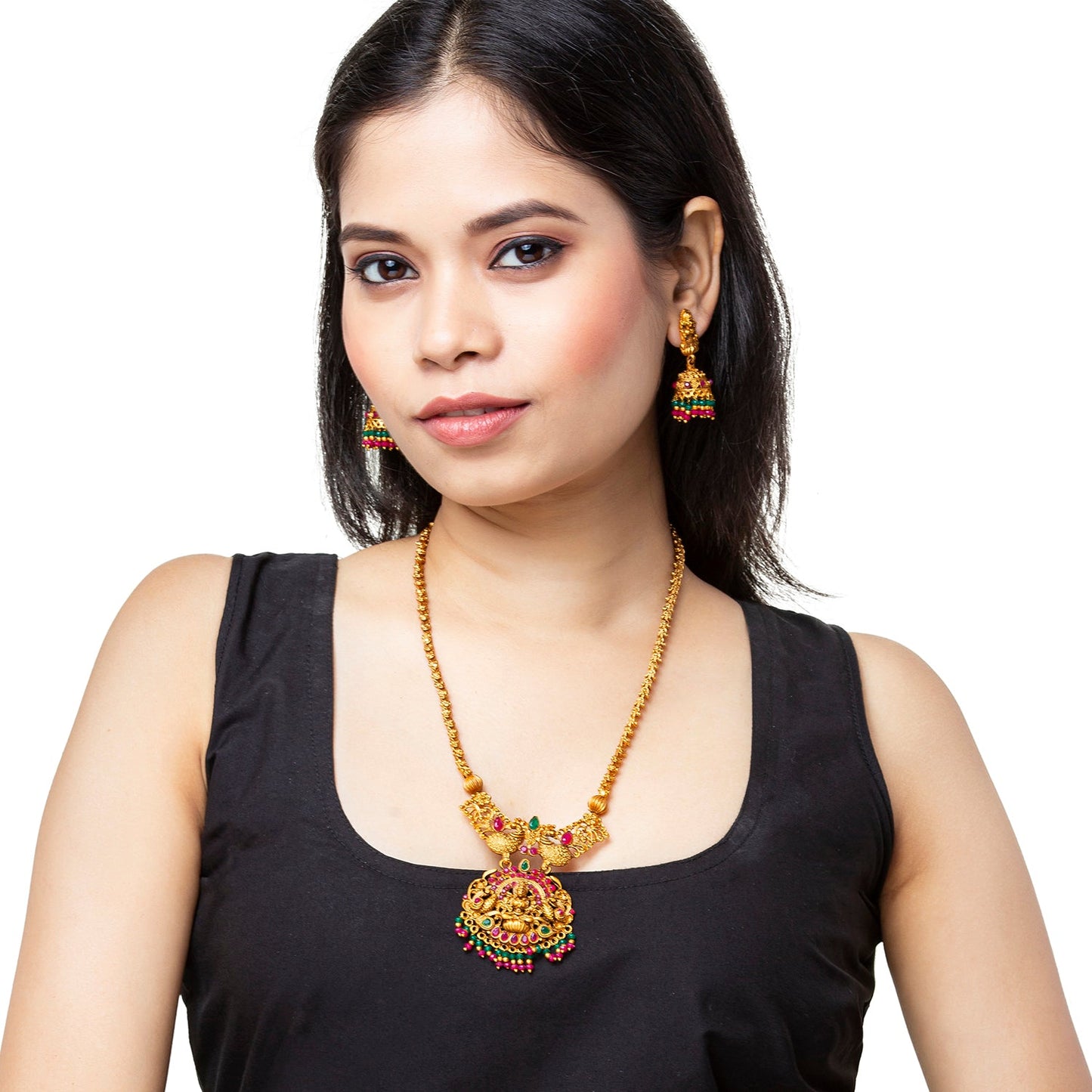 Shining Jewel Handcrafted Antique Gold Plated Godess Lakshmi Temple Jewellery Necklace With Matching Jhumka Earring For Women (SJN_34)