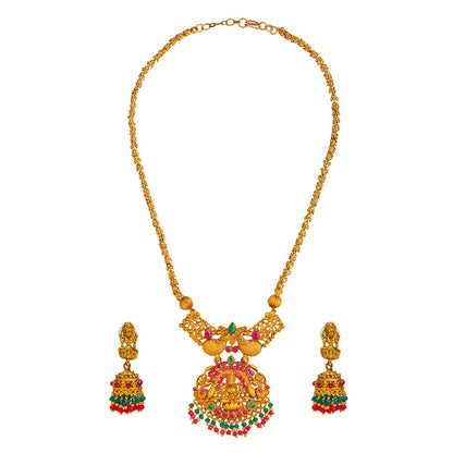 Shining Jewel Handcrafted Antique Gold Plated Godess Lakshmi Temple Jewellery Necklace With Matching Jhumka Earring For Women (SJN_34)