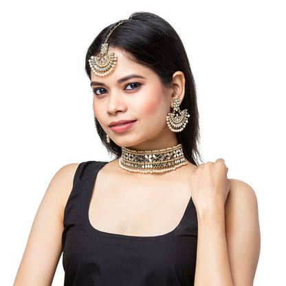 Shining Jewel Antique Gold Plated Traditional Kundan Studded Choker Necklace with Maang Tikka Set Ethnic Fashion Jewelry for Women (SJN_35 W)